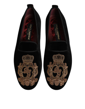 Schwarzer Samt Gold Crown Herren Loafers Schuhe