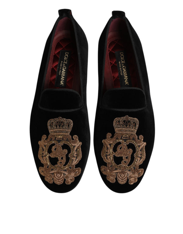 Schwarzer Samt Gold Crown Herren Loafers Schuhe