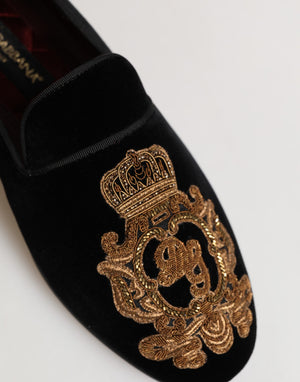 Schwarzer Samt Gold Crown Herren Loafers Schuhe