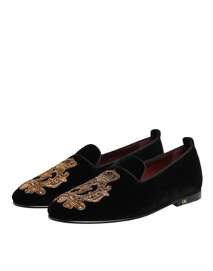 Schwarzer Samt Gold Crown Herren Loafers Schuhe
