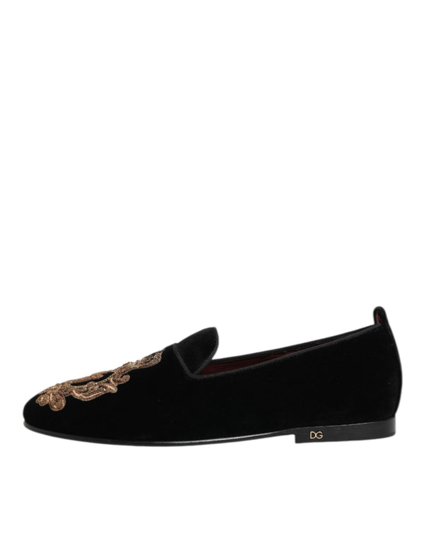 Schwarzer Samt Gold Crown Herren Loafers Schuhe