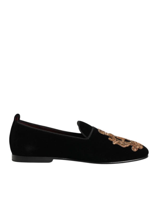 Schwarzer Samt Gold Crown Herren Loafers Schuhe