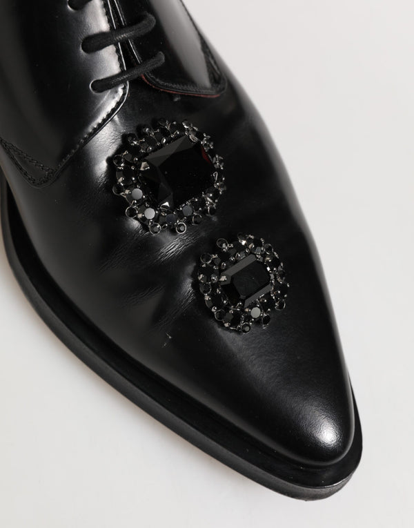 Derby-Schuhe aus schwarzem Leder mit Juwelen und Kristallen