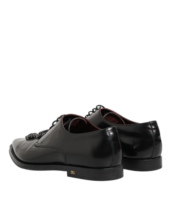 Derby-Schuhe aus schwarzem Leder mit Juwelen und Kristallen