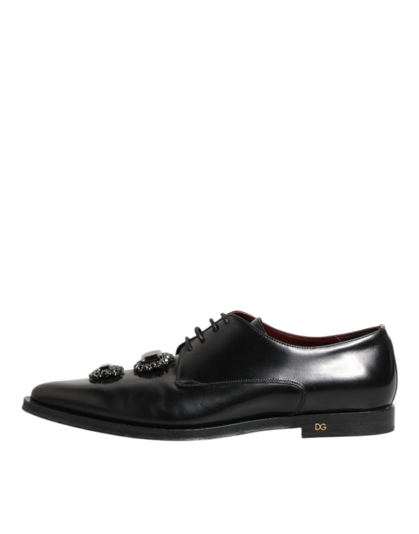 Derby-Schuhe aus schwarzem Leder mit Juwelen und Kristallen