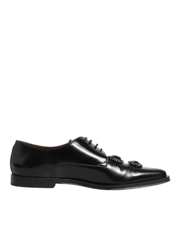 Derby-Schuhe aus schwarzem Leder mit Juwelen und Kristallen