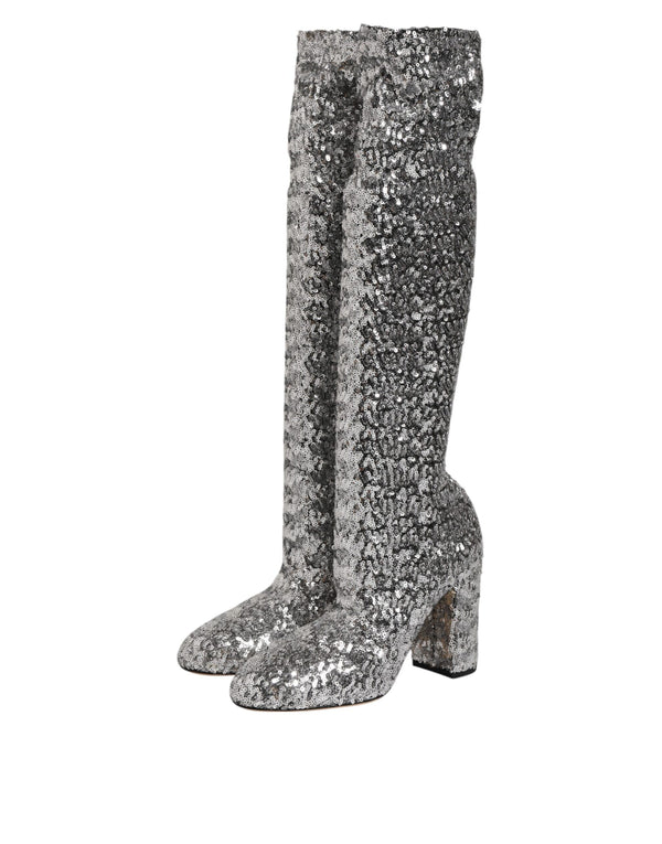 Silberne Pailletten Glitter High Heel Stiefel Schuhe