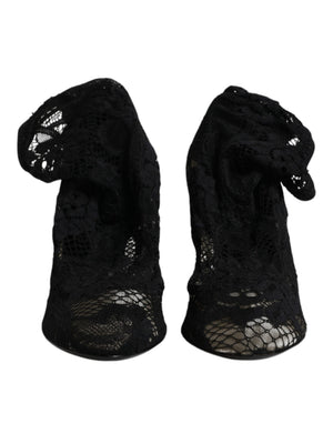 Schwarze Spitze Stretch Heels Mittlere Wadenstiefel Schuhe
