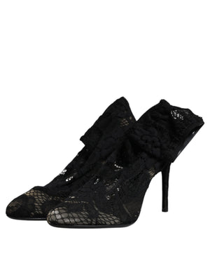 Schwarze Spitze Stretch Heels Mittlere Wadenstiefel Schuhe