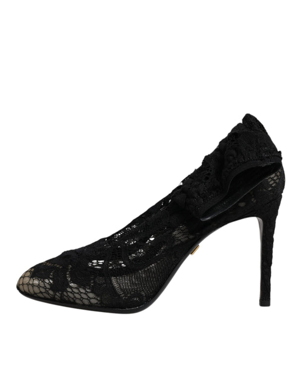 Schwarze Spitze Stretch Heels Mittlere Wadenstiefel Schuhe