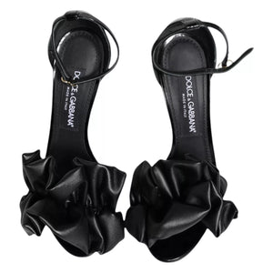 Schwarze Leder Knöchelriemen Absatz Sandalen Schuhe