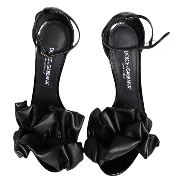 Schwarze Leder Knöchelriemen Absatz Sandalen Schuhe