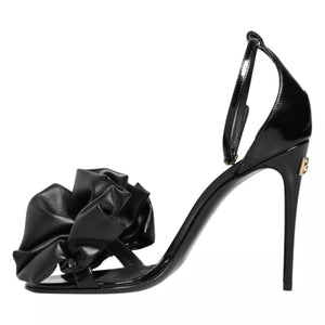 Schwarze Leder Knöchelriemen Absatz Sandalen Schuhe