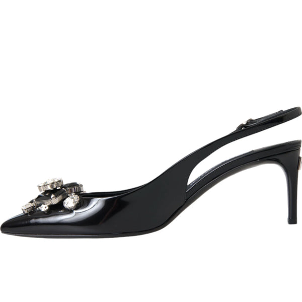 Schwarzes Lackleder Kristall Slingback Schuhe