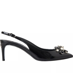Schwarzes Lackleder Kristall Slingback Schuhe
