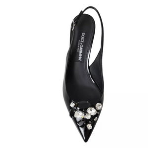 Schwarzes Lackleder Kristall Slingback Schuhe