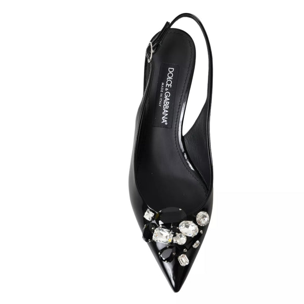 Schwarzes Lackleder Kristall Slingback Schuhe