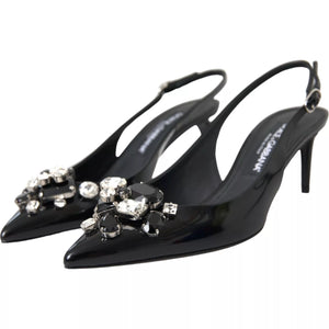 Schwarzes Lackleder Kristall Slingback Schuhe