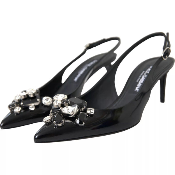 Schwarzes Lackleder Kristall Slingback Schuhe