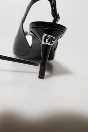 Schwarzes Lackleder Kristall Slingback Schuhe
