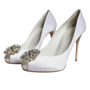 Weiße Crystals Peep Toe Satin Pumps Schuhe