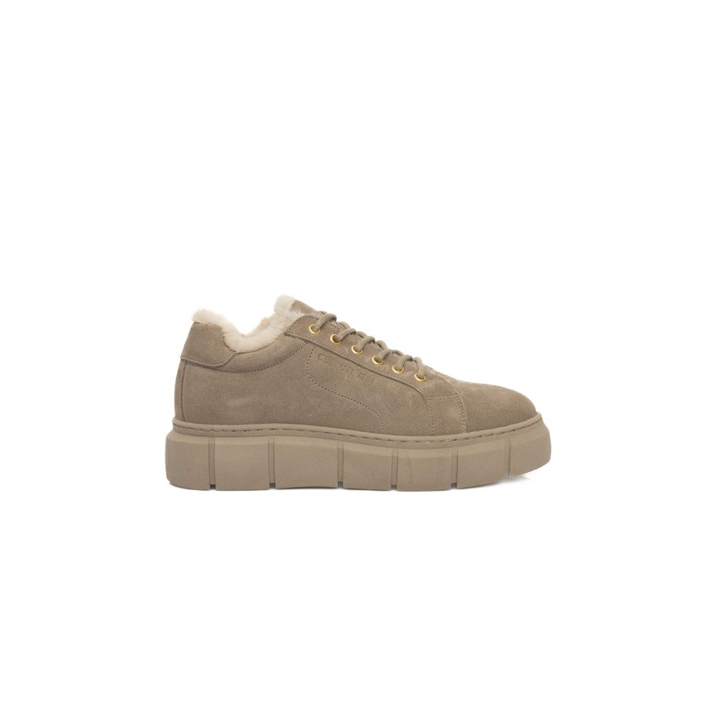 Beige Kalbsleder Damen Plateau Sneaker