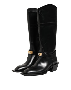 Schwarzes Logo Plaque Over The Calf Stiefel Schuhe