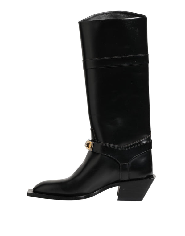Schwarzes Logo Plaque Over The Calf Stiefel Schuhe