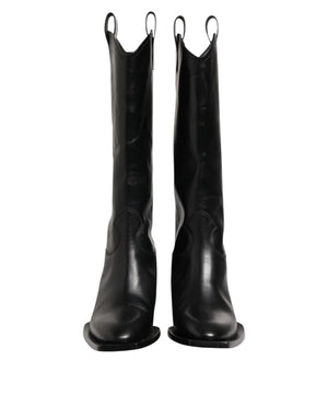 Schwarz Leder Over The Calf Biker Stiefel Schuhe