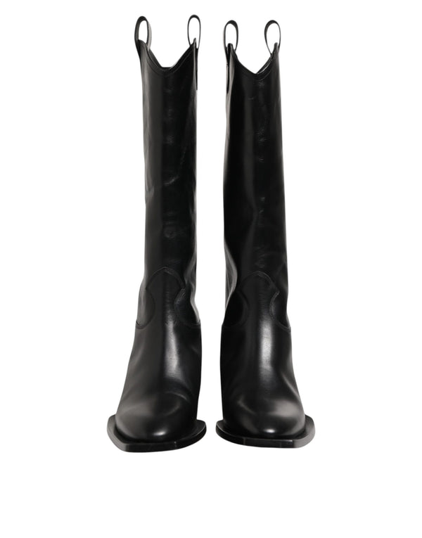 Schwarz Leder Over The Calf Biker Stiefel Schuhe