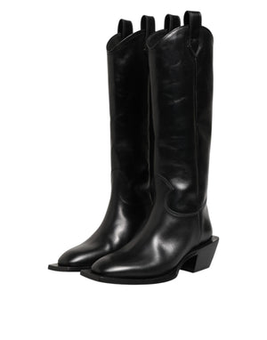 Schwarz Leder Over The Calf Biker Stiefel Schuhe