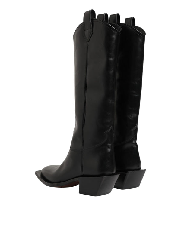 Schwarz Leder Over The Calf Biker Stiefel Schuhe