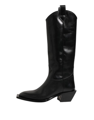 Schwarz Leder Over The Calf Biker Stiefel Schuhe