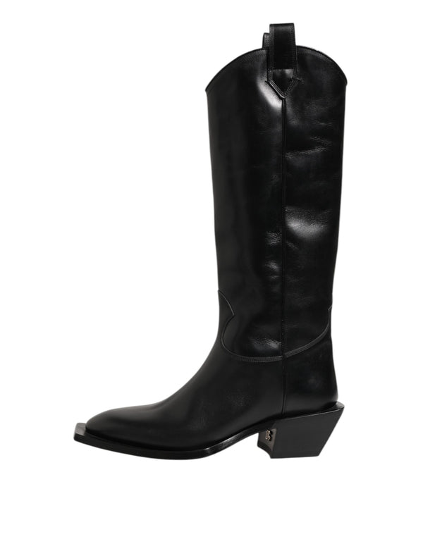 Schwarz Leder Over The Calf Biker Stiefel Schuhe