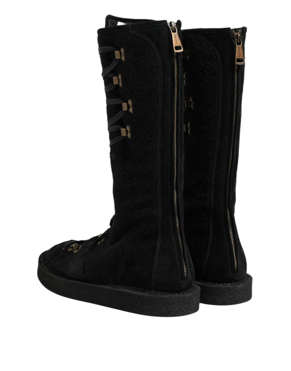 Schwarz Alpaka Wolle Wildleder Mid Calf Stiefel Schuhe