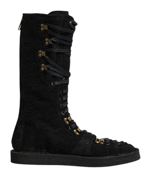Schwarz Alpaka Wolle Wildleder Mid Calf Stiefel Schuhe