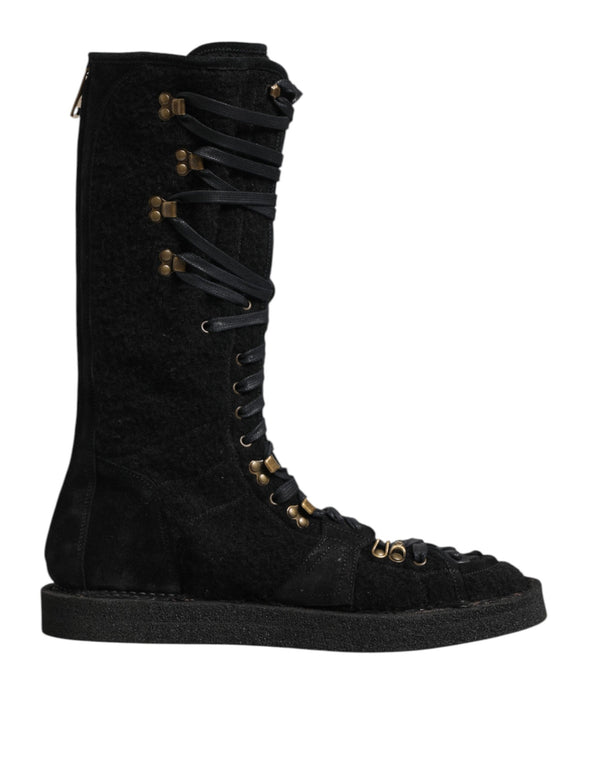 Schwarz Alpaka Wolle Wildleder Mid Calf Stiefel Schuhe