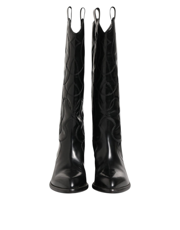 Schwarz Leder Over The Calf Biker Stiefel Schuhe