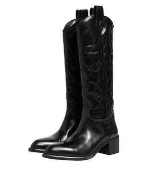 Schwarz Leder Over The Calf Biker Stiefel Schuhe