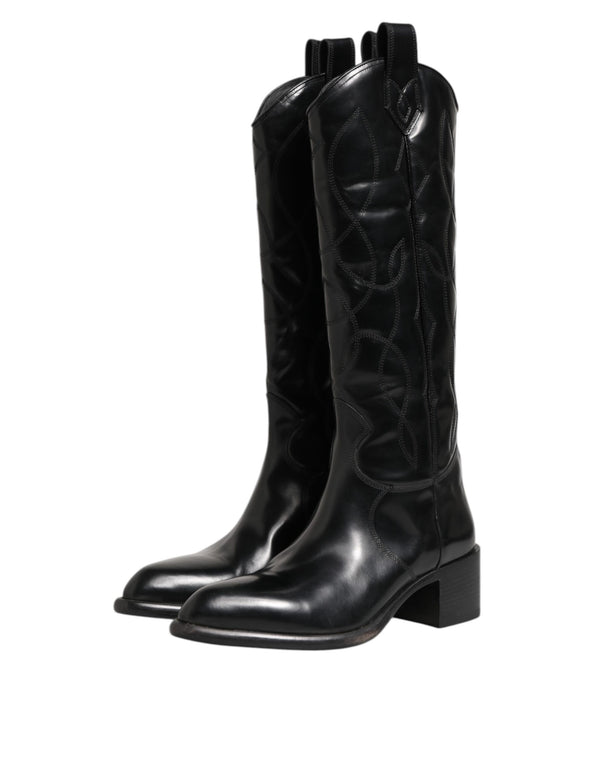 Schwarz Leder Over The Calf Biker Stiefel Schuhe