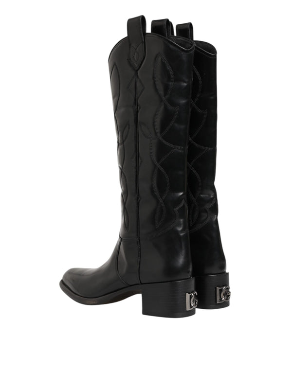 Schwarz Leder Over The Calf Biker Stiefel Schuhe
