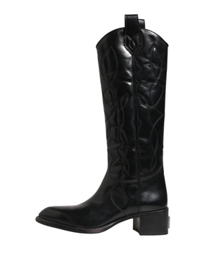 Schwarz Leder Over The Calf Biker Stiefel Schuhe
