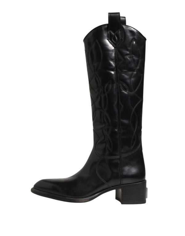 Schwarz Leder Over The Calf Biker Stiefel Schuhe