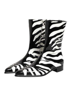 Schwarz Weiß Zebra Leder Mid Calf Stiefel Schuhe