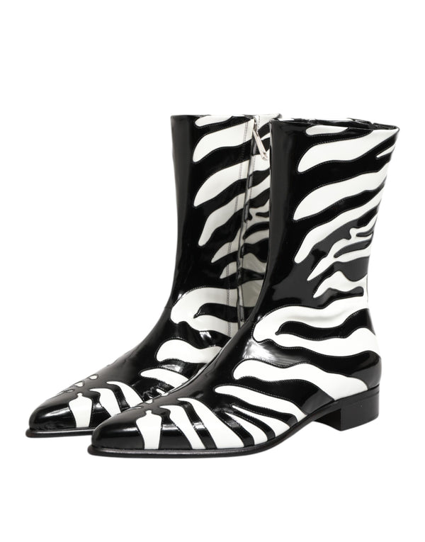 Schwarz Weiß Zebra Leder Mid Calf Stiefel Schuhe