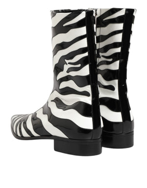 Schwarz Weiß Zebra Leder Mid Calf Stiefel Schuhe