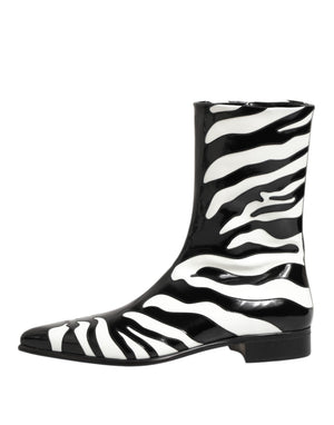 Schwarz Weiß Zebra Leder Mid Calf Stiefel Schuhe