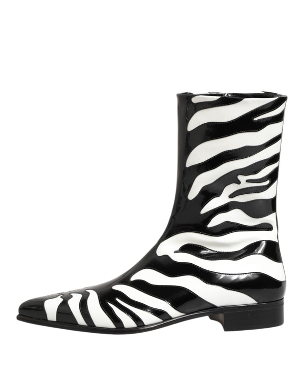 Schwarz Weiß Zebra Leder Mid Calf Stiefel Schuhe