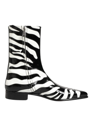 Schwarz Weiß Zebra Leder Mid Calf Stiefel Schuhe