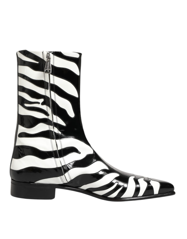 Schwarz Weiß Zebra Leder Mid Calf Stiefel Schuhe